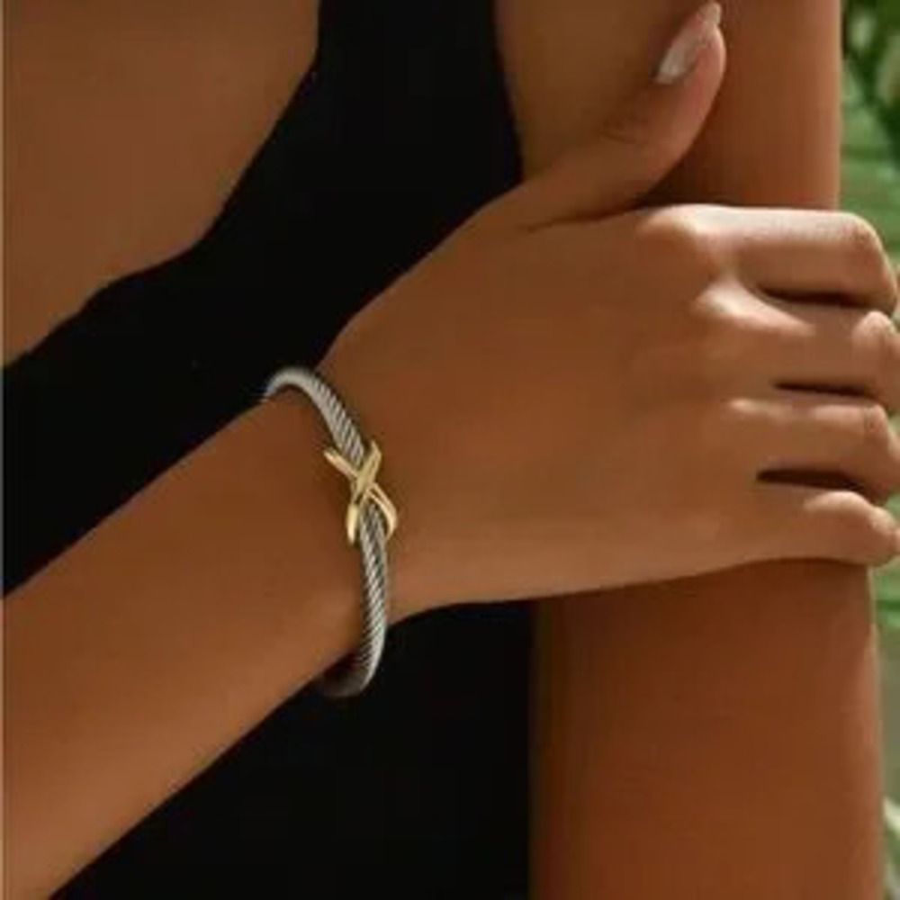 Silver-Tone Twisted Cable Bangle Bracelet with Gold Knot